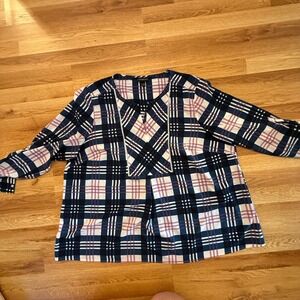 Lane Bryant Plaid Blouse 22/24 Plus Size Navy Pink Tunic Top Roll Tab Sleeve‎
